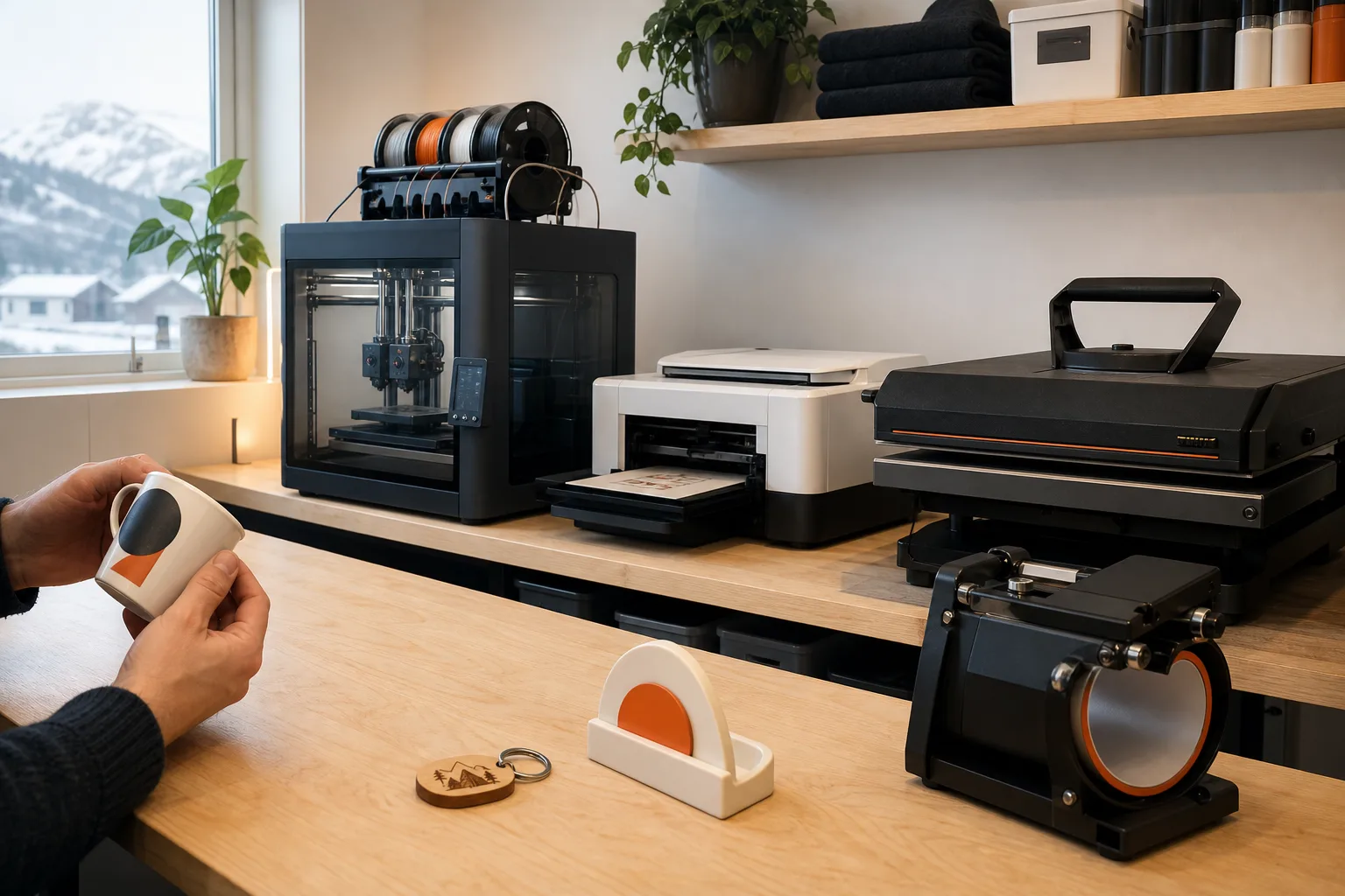 Produksjonsmiljø for 3D-print, lasergravering, sublimering og varmepressing hos B2Bprint.no