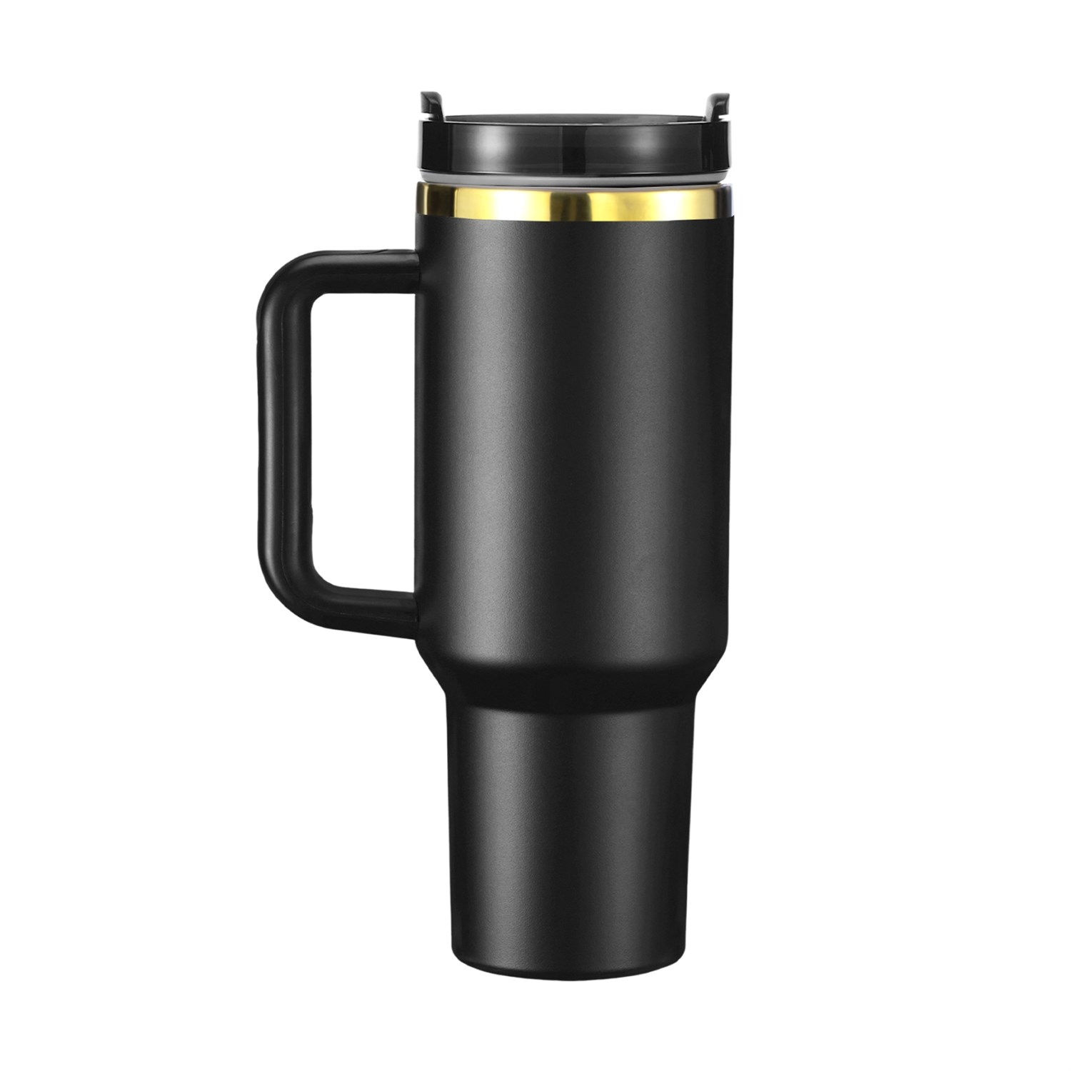 Stor svart tumbler med håndtak, lokk og gullfarget graveringssjikt ved kanten
