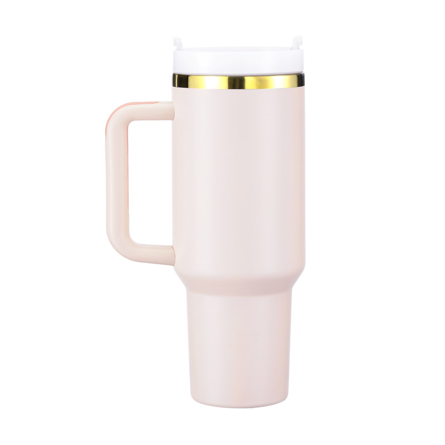 Stor rosa tumbler med håndtak, lokk og gullfarget graveringssjikt ved kanten